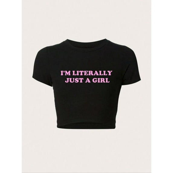 Women's Letter Print Round Neck Crop Tee, Trendy Casual Short Sleeve Graphic T-shirt, Back To School Outfits, Graphic Tees, Ladies Summer Outfit for Daily Wear, 90s Clothes