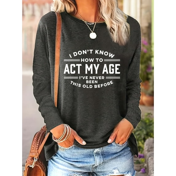 Women's Letter Print Round Neck T-shirt, Casual Long Sleeve Top for Spring & Fall