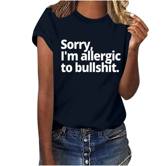 Women's Letter Print Shirts Short Sleeve Round Neck Graphic Tee Summer Trendy Casual Loose Tops Basic Blouses (3XL, Navy)