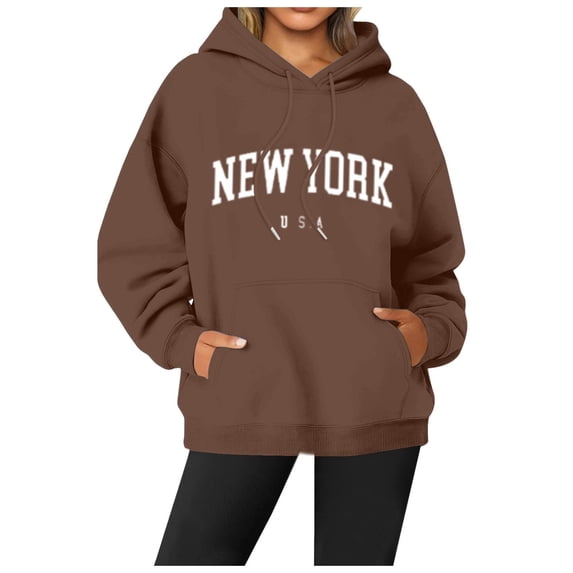 Women's Letter Printed Hoodies New York Pullover Streetwear Long Sleeve Sweatshirts Loose Pullover Hooded with Pocket Z3-Brown S