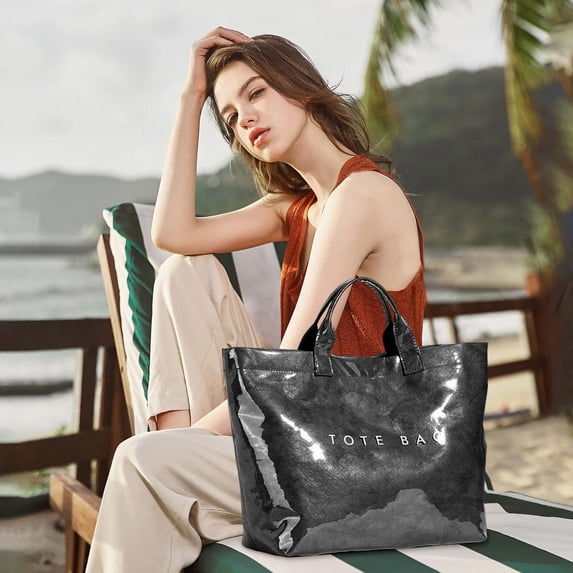 Women's Letters Print Tote Bag ,PVC Tote Bag Women's Letters Print Tote Bag Large Kraft Paper Tote Bag Carry All Bag Top Handle Clear Hobo Handbag