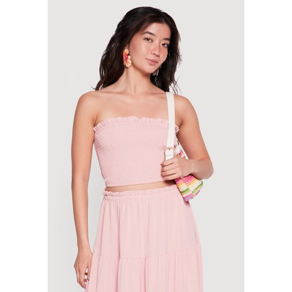 Women's Lettuce Edge Smocked Crop Tube Top