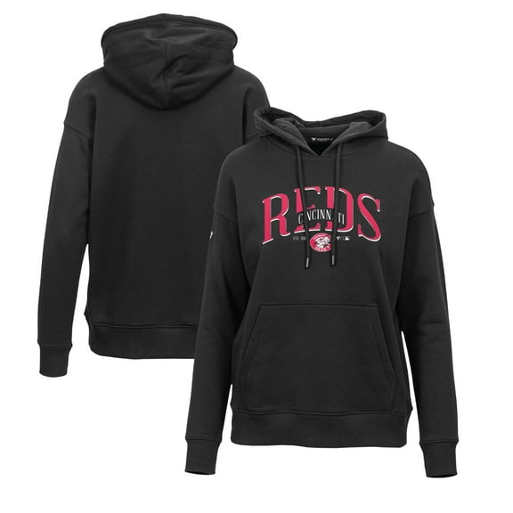 Women's Levelwear Black Cincinnati Reds Adorn Cooperstown Collection Retro Spellout Pullover Hoodie
