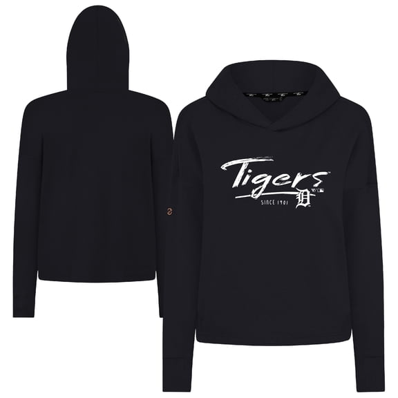Women's-Levelwear  Black Detroit Tigers Tri-Blend Sweet Express Cropped Pullover Hoodie