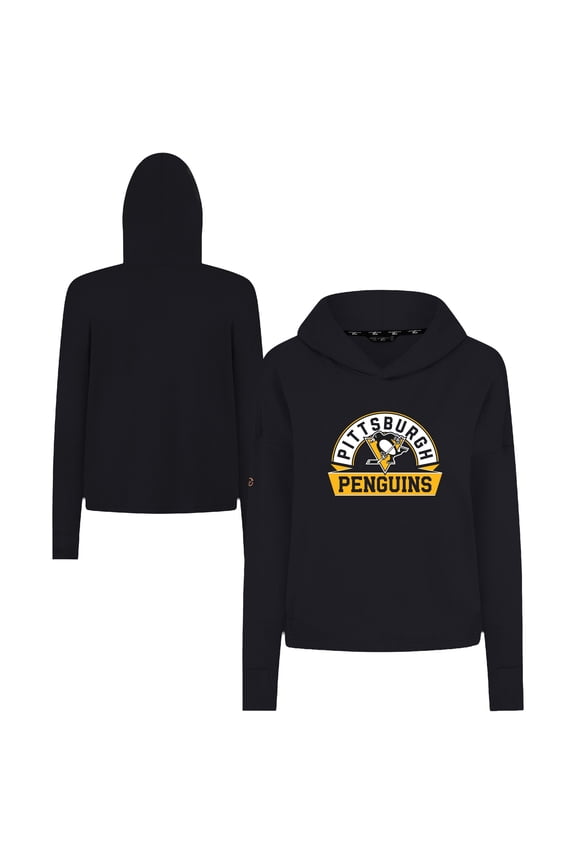 Women's Levelwear Black Pittsburgh Penguins Sweet Banner Arch Tri-Blend Cropped Pullover Hoodie