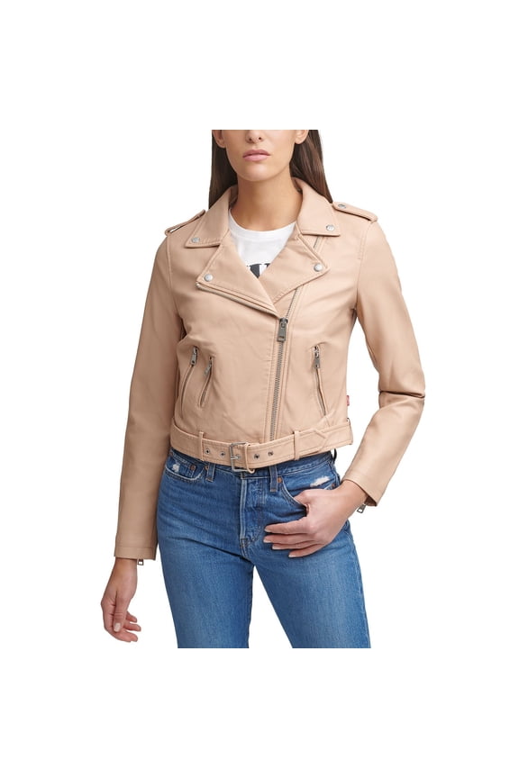 Women's Levi's® Belted Faux Leather Motorcycle Jacket Color: Biscotti Size: MEDIUM