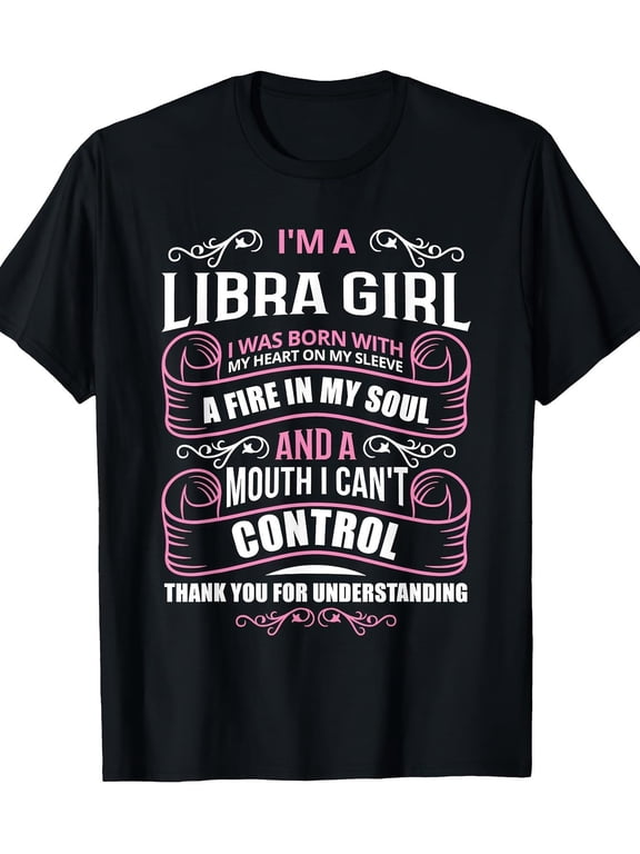 Women’s Libra Zodiac Graphic T-Shirt, Funny Astrology Quote Print, Short Sleeve Crew Neck Casual Tee, Black