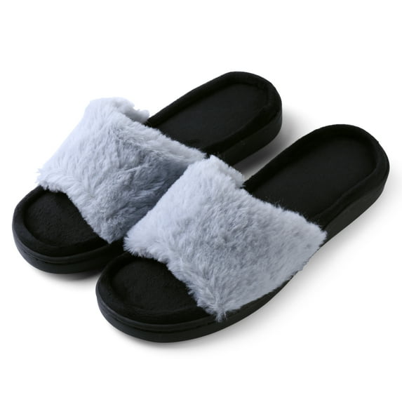 Women's Light And Fluffy Soft Plush Sandal Slippers with No-Slip Rubber Sole For Indoor, Outdoor, Spa Use (Gray)
