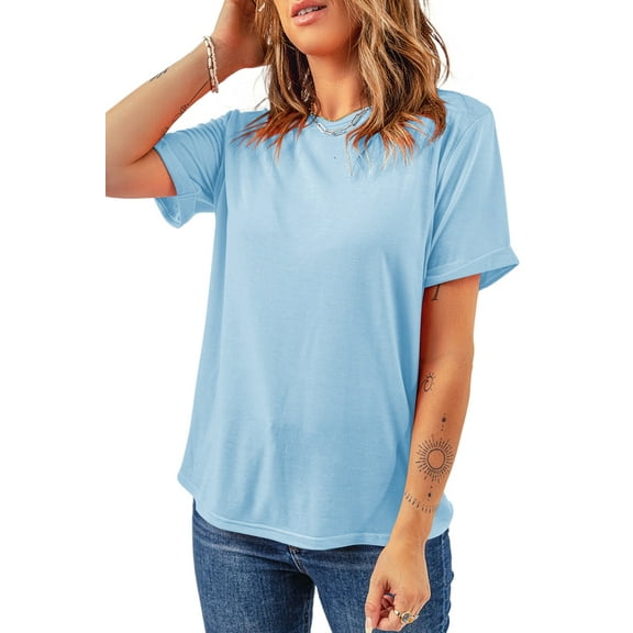 Women's Light Blue Casual Plain Crew Neck Tee - Soft and Breathable | [ZhiHiMeRi] | (US 8-10)M