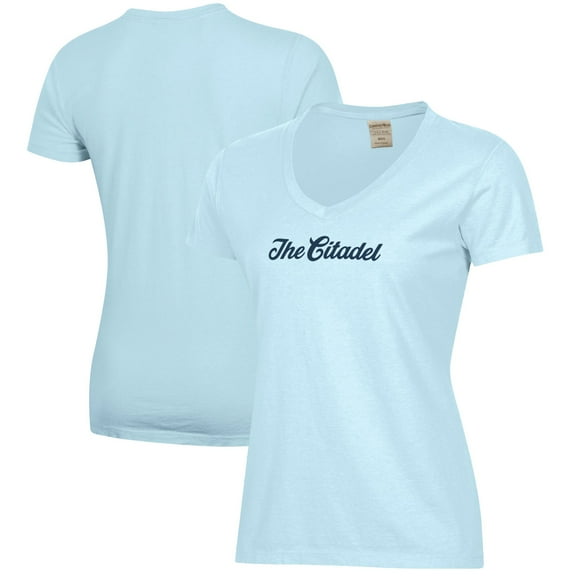 Women's  Light Blue Citadel Bulldogs Script Logo Comfort Wash V-Neck T-Shirt