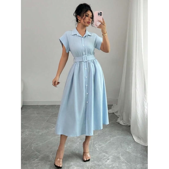 Women's Light Blue Collared Midi Vacation Dress, Spring/Summer