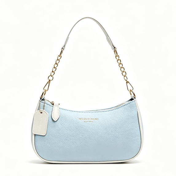 Women’s Light Blue Colorblock Shoulder Bag, Hobo Purse with Chain Strap