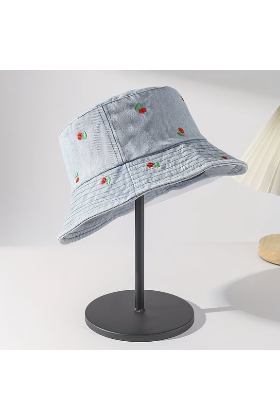 Women's Light Blue Denim Bucket Hat with Red Cherry Embroidery Vintage Distressed Washed Fisherman Hat for Spring Autumn Holidays Casual Hip-Hop Daily Wear Flat Top Sun Hat