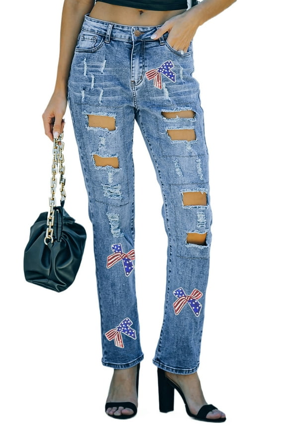 Women’s Light Blue Distressed Jeans with Sequin Bow and American Flag Pattern | [ZhiHiMeRi] | 10