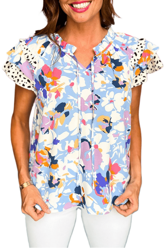 Women's Light Blue Floral Ruffled Flutter Sleeve Tied V Neck Blouse