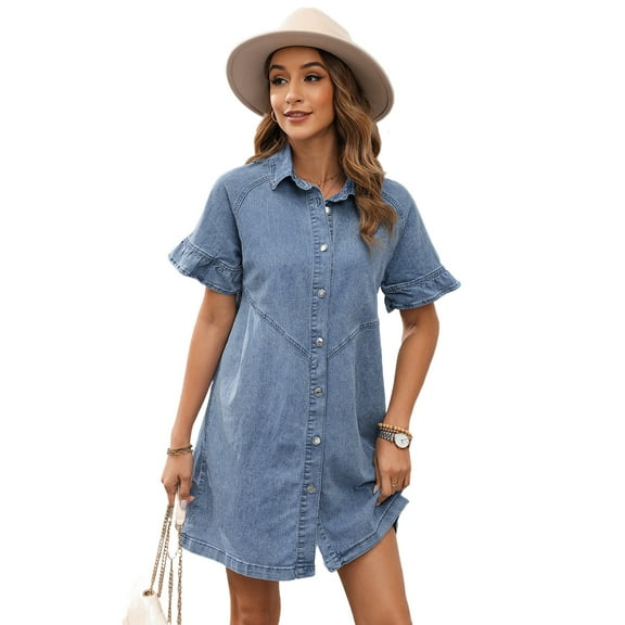 Women's Light Blue Frilled Short Sleeve Button Up Loose Denim Shirt Dress for Casual Summer Wear - [ZhiHiMeRi] | L