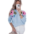 thumbnail image 1 of Women's Light Blue Knitted Sweater with Floral Pattern and Ribbed Edge, (US 20-22)2XL, 1 of 11