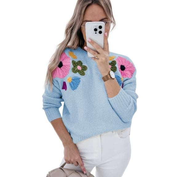 Charming Floral Knit Sweater - Elegant Long Sleeve Crew Neck Design in Light Blue, (US 4-6)S