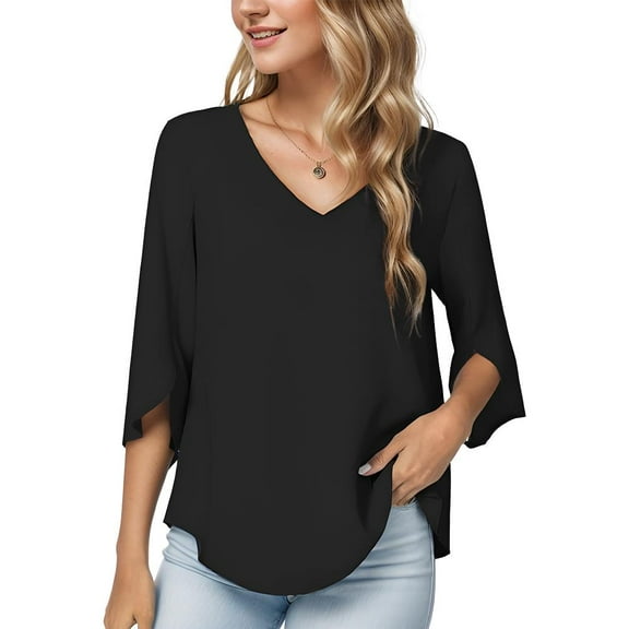 Women's Light Blue V Neck Loose Fit Blouse Summer Casual 3/4 Sleeve Shirts