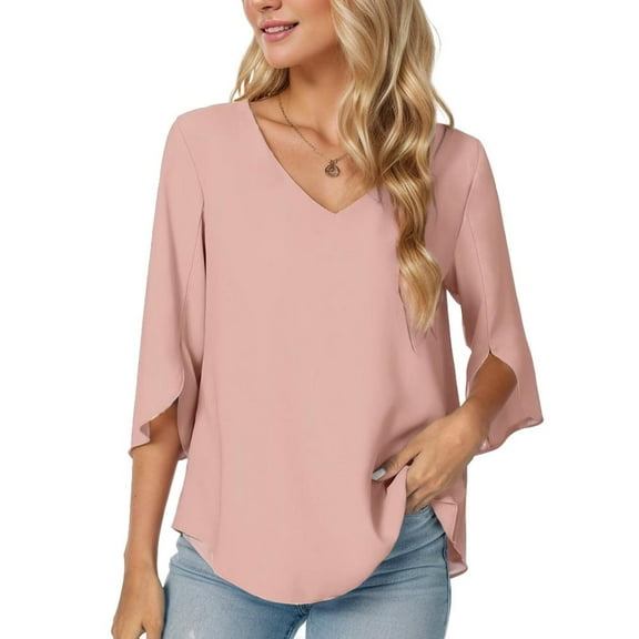 Women's Light Blue V Neck Loose Fit Blouse Summer Casual 3/4 Sleeve Shirts