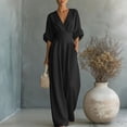 thumbnail image 1 of Women's Light Blue V-Neck Wide-Leg Jumpsuit, Batwing Sleeve Ruched Waist Maxi Jumpsuit Black XL, 1 of 3