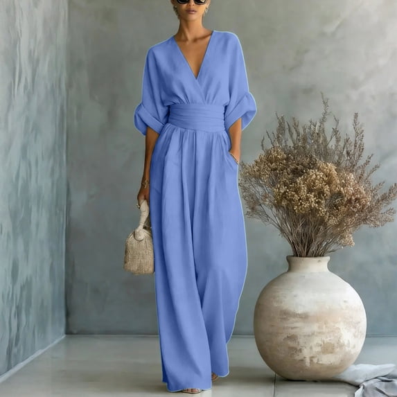 Women's Light Blue V-Neck Wide-Leg Jumpsuit, Batwing Sleeve Ruched Waist Maxi Jumpsuit Blue L