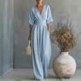 thumbnail image 1 of Women's Light Blue V-Neck Wide-Leg Jumpsuit, Batwing Sleeve Ruched Waist Maxi Jumpsuit Blue XL, 1 of 3