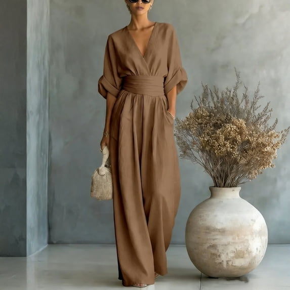 Women's Light Blue V-Neck Wide-Leg Jumpsuit, Batwing Sleeve Ruched Waist Maxi Jumpsuit Brown M