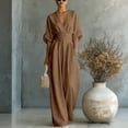 thumbnail image 1 of Women's Light Blue V-Neck Wide-Leg Jumpsuit, Batwing Sleeve Ruched Waist Maxi Jumpsuit Brown XL, 1 of 3