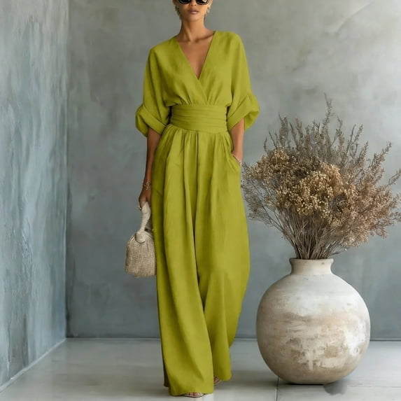 Women's Light Blue V-Neck Wide-Leg Jumpsuit, Batwing Sleeve Ruched Waist Maxi Jumpsuit Green 2XL