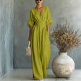 thumbnail image 1 of Women's Light Blue V-Neck Wide-Leg Jumpsuit, Batwing Sleeve Ruched Waist Maxi Jumpsuit Green M, 1 of 3