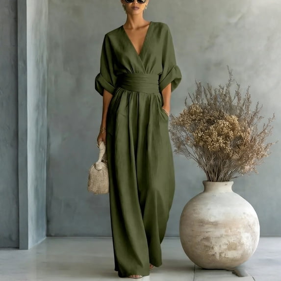 Women's Light Blue V-Neck Wide-Leg Jumpsuit, Batwing Sleeve Ruched Waist Maxi Jumpsuit Green S