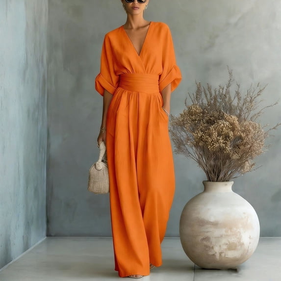 Women's Light Blue V-Neck Wide-Leg Jumpsuit, Batwing Sleeve Ruched Waist Maxi Jumpsuit Orange S