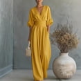 thumbnail image 1 of Women's Light Blue V-Neck Wide-Leg Jumpsuit, Batwing Sleeve Ruched Waist Maxi Jumpsuit Yellow L, 1 of 3