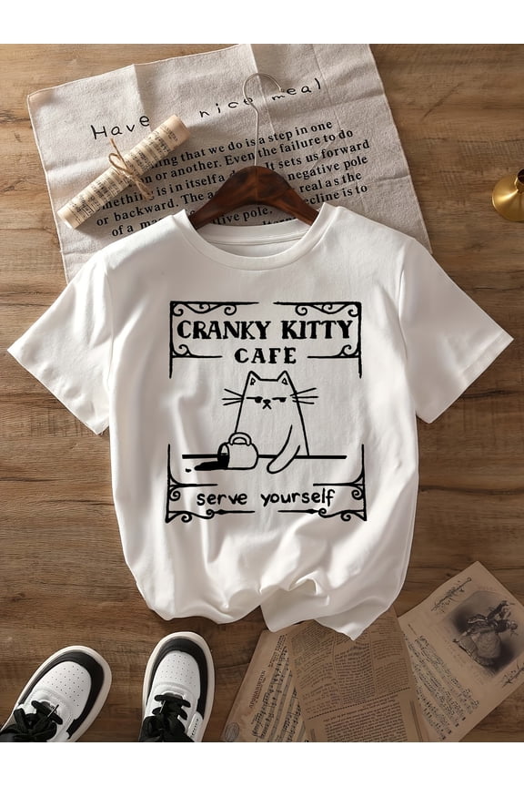 Women's Light Cat Lovers Graphic T-Shirt - Cranky Kitty Cafe Cartoon Print Short Sleeve Round Neck Casual Top, Machine Washable Summer Spring Tee for Cat Enthusiasts, Everyday Comfort, Whimsical Desi