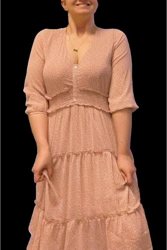 Women's Light Dusty Pink Leopard Print Chiffon Smocked Midi Dress, Medium