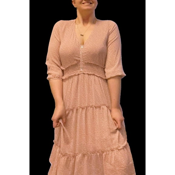 Women's Light Dusty Pink Leopard Print Chiffon Smocked Midi Dress - Small