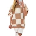 thumbnail image 1 of Women's Light French Beige Checkered Pattern Loose Drop Shoulder Half Sleeve Sweater | L, 1 of 5