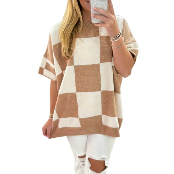 Women's Light French Beige Checkered Pattern Loose Drop Shoulder Half Sleeve Sweater | L