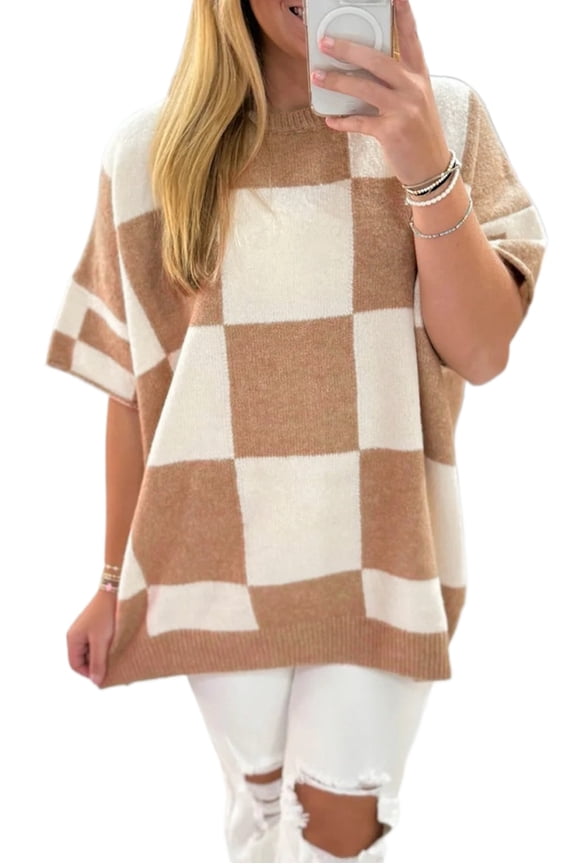 Women's Light French Beige Checkered Pattern Loose Drop Shoulder Half Sleeve Sweater | XL