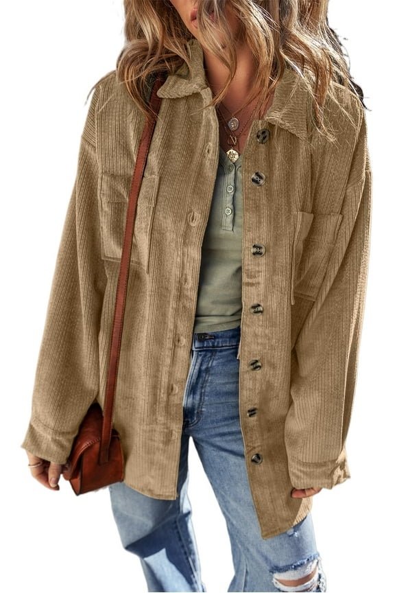 Women's Light French Beige Corduroy Patched Pocket Button Up Shacket | [ZhiHiMeRi] | (US 20-22)2XL