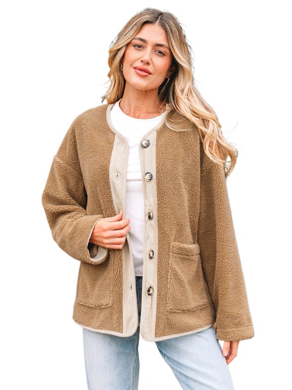 Women's Light French Beige Puffy Plush Corduroy Patchwork Jacket for Daily Wear [ZhiHiMeRi] | XL