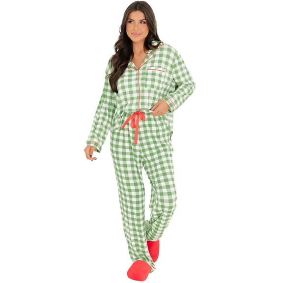 Women's Light Green Christmas Plaid Print Jumpsuit Pajama Set - [ZhiHiMeRi] | (US 12-14)L
