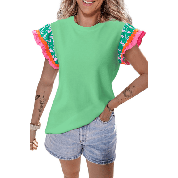 Women's Light Green Floral Sleeve Top with Ricrac Detailing - [ZhiHiMeRi] | (US 12-14)L