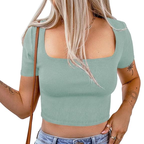 Women's Light Green Gray Slim Fit Knit Rib Tank Top, Short Sleeve Stretchy Vest Tee for Dating and Work
