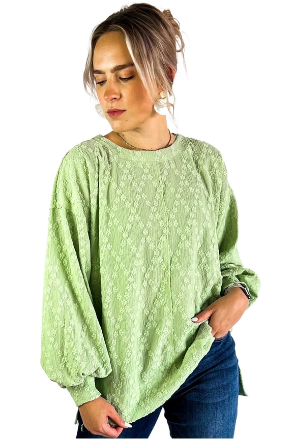 Women's Light Green Textured Crew Neck Blouse with Side Split Detail - [ZhiHiMeRi] | (US 4-6)S