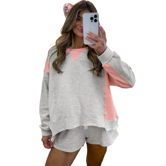 Women's Light Grey Color Block Raw Hem Pullover and Casual Shorts Set, (US 16-18)XL
