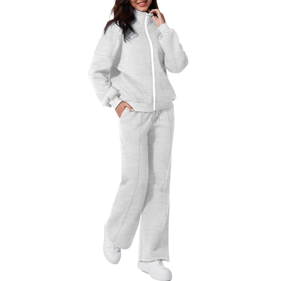 Women's Light Grey Drop Shoulder Zip Up Jacket and Drawstring Pants 2-Piece Active Set | M