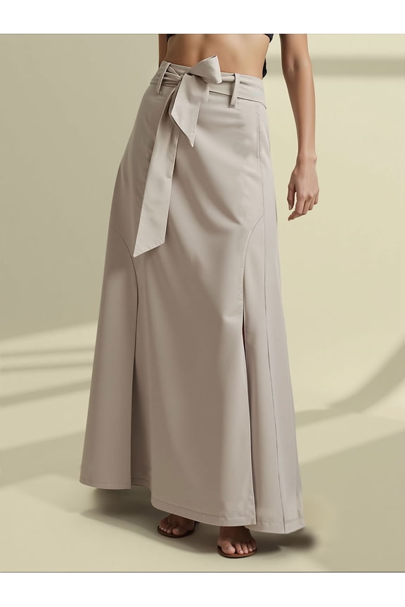 Women's Light Grey Maxi Skirt Elegant High Waisted Side Slit Irregular Bohemian Maxi Skirt