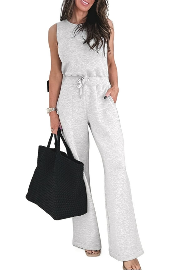 Women's Light Grey Sleeveless Jumpsuit - Casual Crew Neck with Drawstring High Waist - [ZhiHiMeRi] | (US 12-14)L